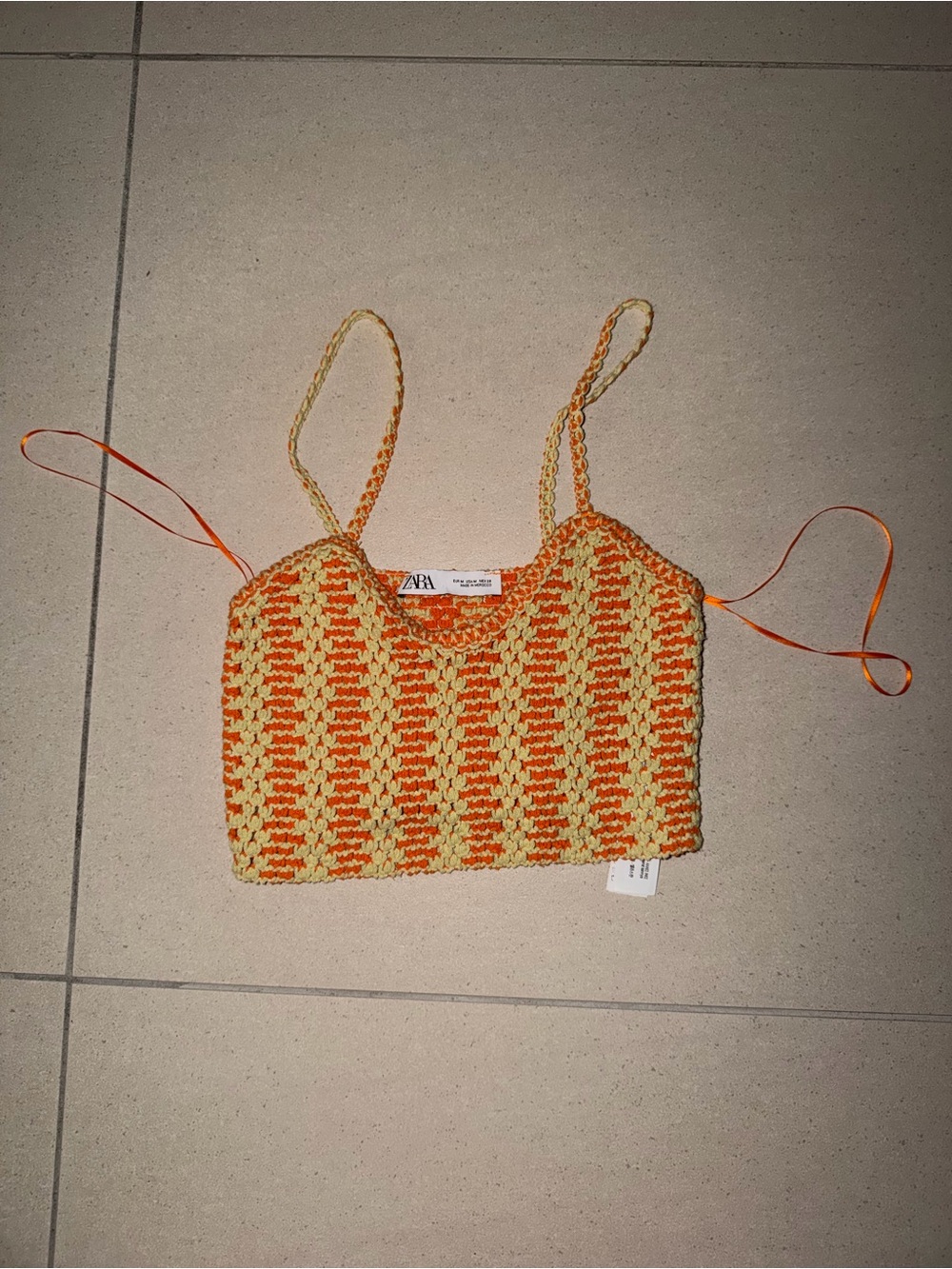 Zara Orange and Cream Crochet Tie-Shoulder Crop Top